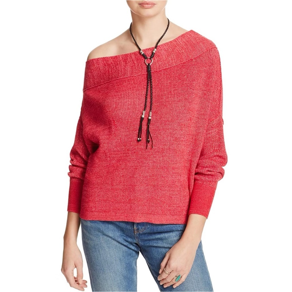 Free People Women's Alana Pullover Knit Sweater Medium Red Off The Shoulder